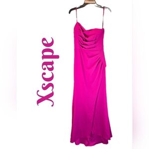 Xscape Womens Strapless Maxi Gown Size 10 Fushia Pink Ruching Bodice Front Slit